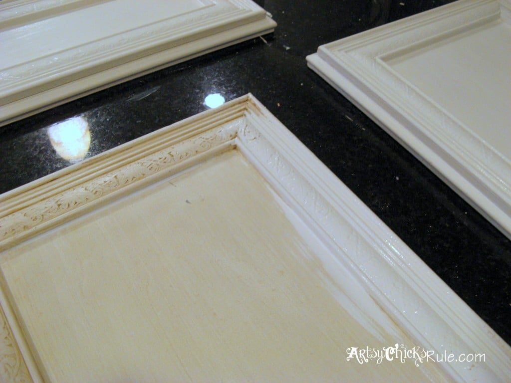 Kitchen Cabinet Makeover w Chalk Paint First Coat Door - artsychicksrule.com #chalkpaint #kitchenmakeover #kitchen