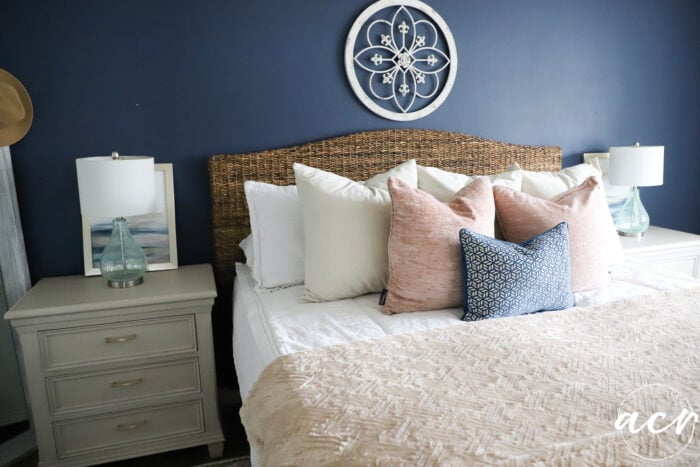 coastal bedroom bed and wall and nightstands