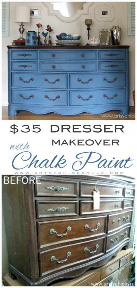 Chalk Paint Re-do!! LOVE This color!! artsychicksrule.com #chalkpaint #aubussonblue #dressermakeover #paintedfurniture #bluefurniture #bluedresser