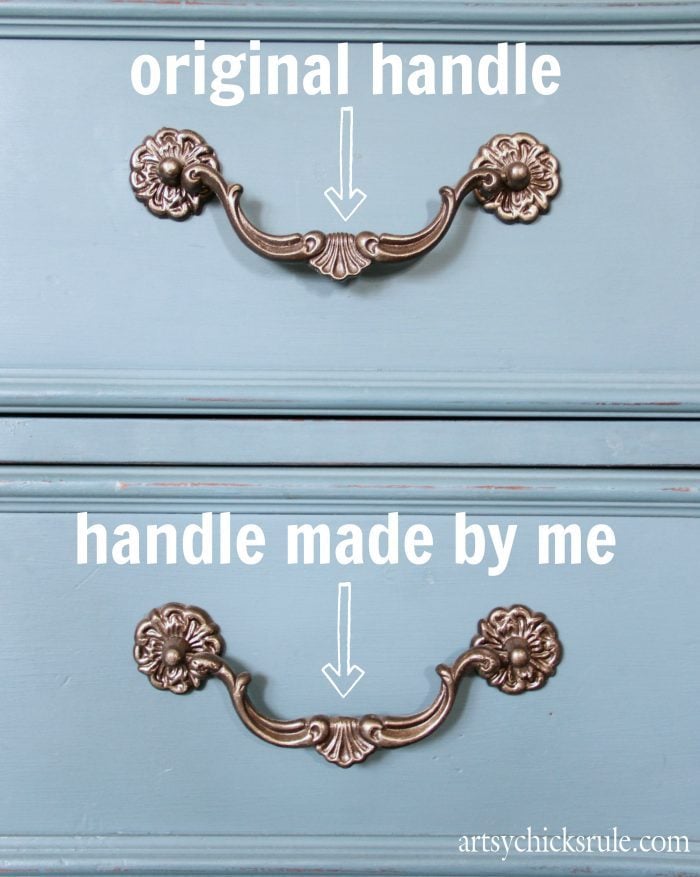 blue dresser with bronze hardware