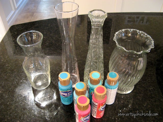 Thrifty, fun & colorful craft idea!! Great way to add color to your home too! Turn old glass vases to colorful home decor! artsychicksrule.com #paintedglass #craftpaintideas #thriftyprojects #thriftycraftideas #craftideas #colorfuldecor #thriftydecor #budgetdecor #craftpaint #thriftstoremakeover 