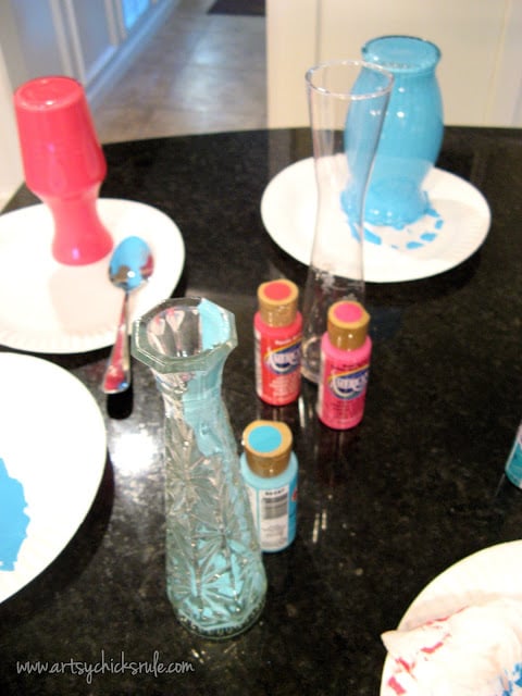 Thrifty, fun & colorful craft idea!! Great way to add color to your home too! Turn old glass vases to colorful home decor! artsychicksrule.com #paintedglass #craftpaintideas #thriftyprojects #thriftycraftideas #craftideas #colorfuldecor #thriftydecor #budgetdecor #craftpaint #thriftstoremakeover 