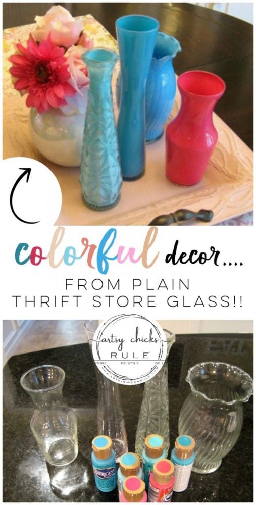 Thrifty, fun & colorful craft idea!! Great way to add color to your home too! Turn old glass vases to colorful home decor! artsychicksrule.com #paintedglass #craftpaintideas #thriftyprojects #thriftycraftideas #craftideas #colorfuldecor #thriftydecor #budgetdecor #craftpaint #thriftstoremakeover 