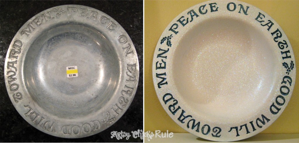 Old thrifty find - turned - pretty, glittery Holiday platter - #diy #holidaydecor artsychicksrule.com