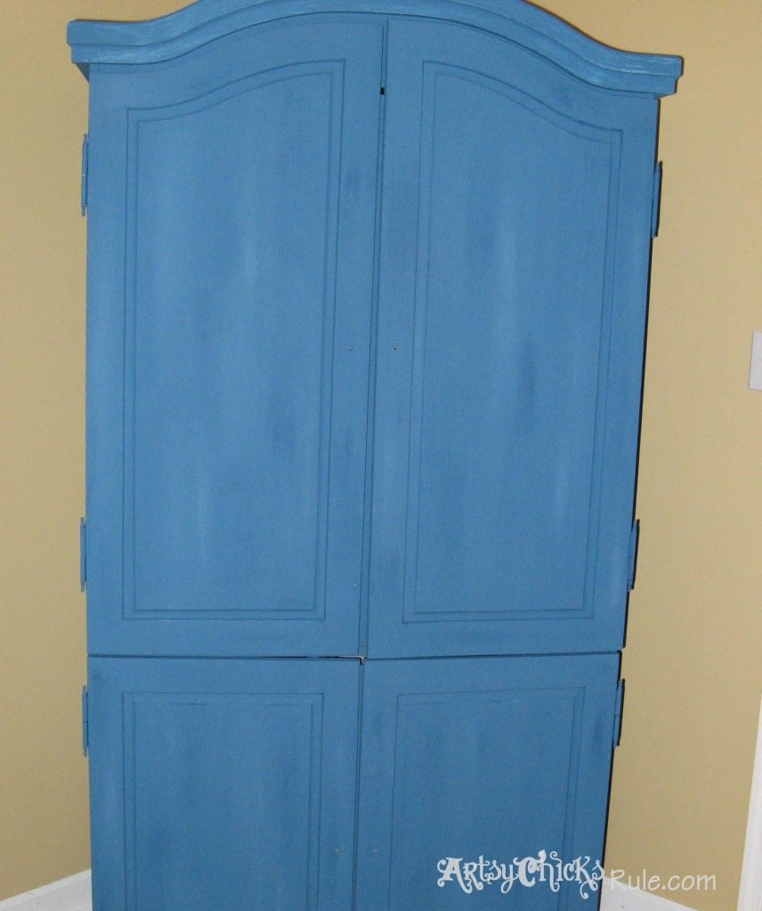 EASY Aged Look with 3 Paints & 2 Waxes! Armoire transformed! artsychicksrule.com #agedfinish #chalkpaintfurniture #bluefurniture 