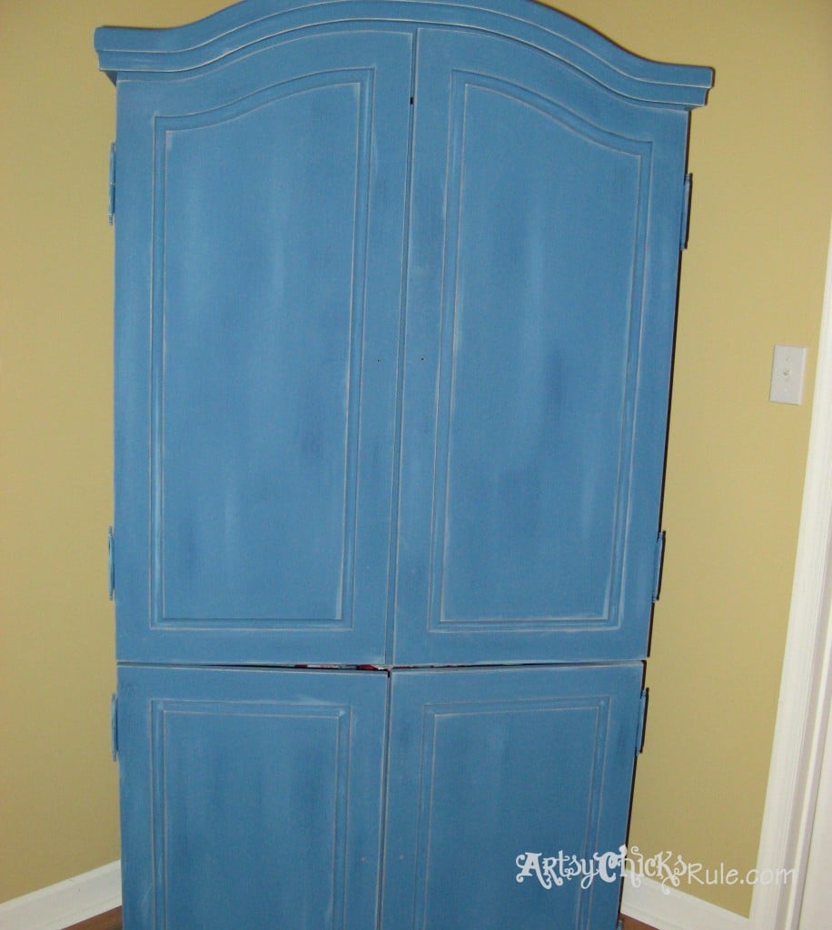 EASY Aged Look with 3 Paints & 2 Waxes! Armoire transformed! artsychicksrule.com #agedfinish #chalkpaintfurniture #bluefurniture 