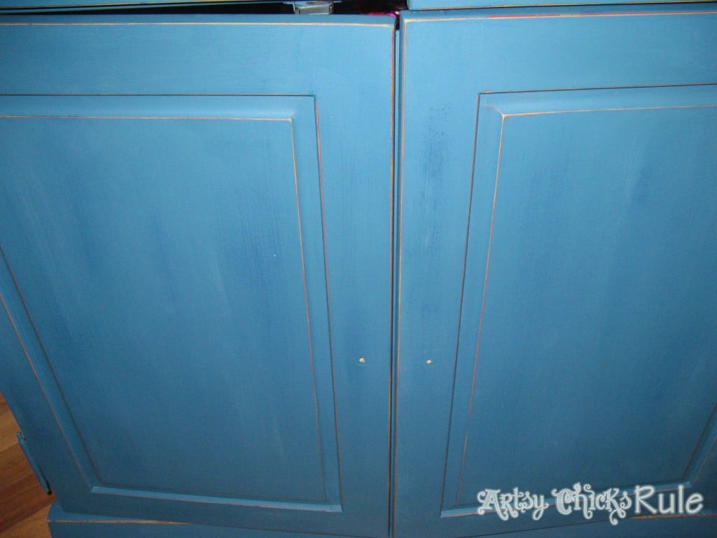 EASY Aged Look with 3 Paints & 2 Waxes! Armoire transformed! artsychicksrule.com #agedfinish #chalkpaintfurniture #bluefurniture 