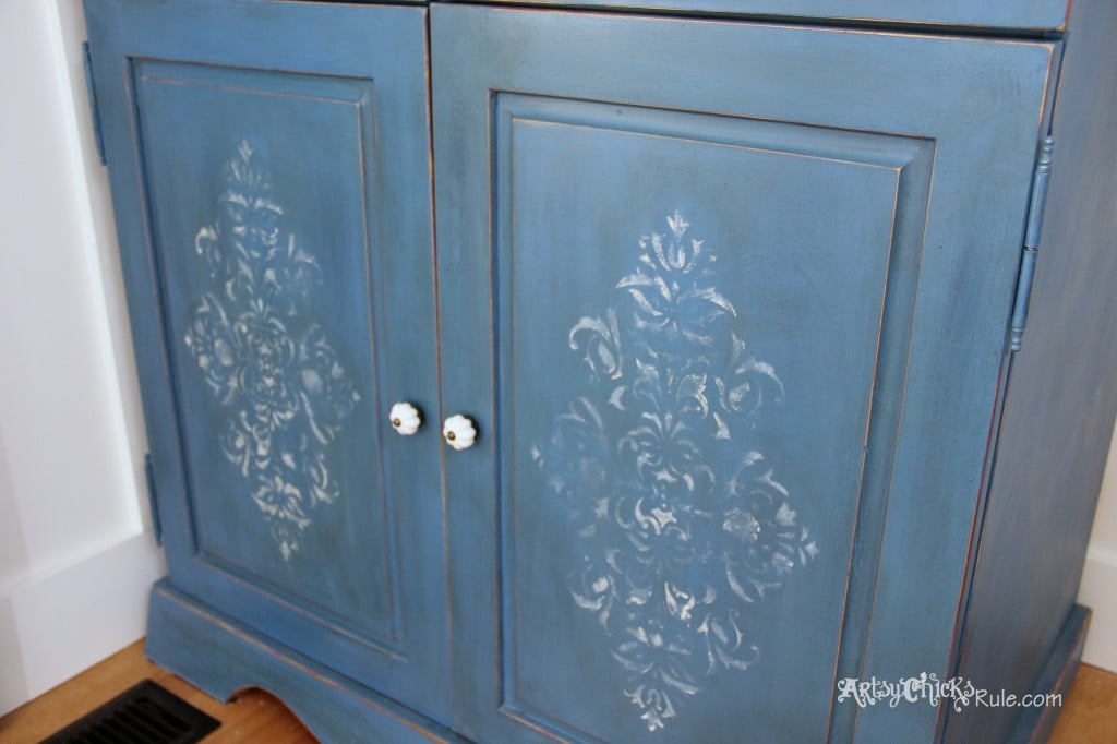 EASY Aged Look with 3 Paints & 2 Waxes! Armoire transformed! artsychicksrule.com #agedfinish #chalkpaintfurniture #bluefurniture 