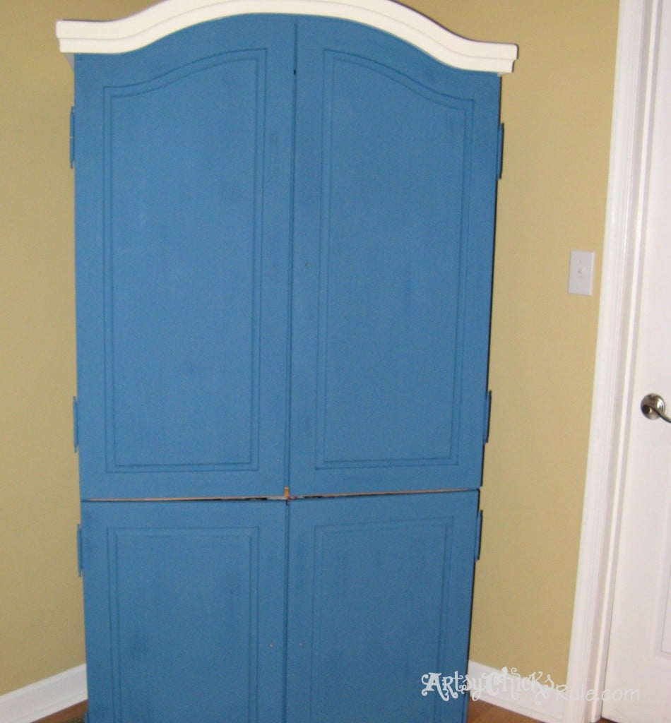 EASY Aged Look with 3 Paints & 2 Waxes! Armoire transformed! artsychicksrule.com #agedfinish #chalkpaintfurniture #bluefurniture 