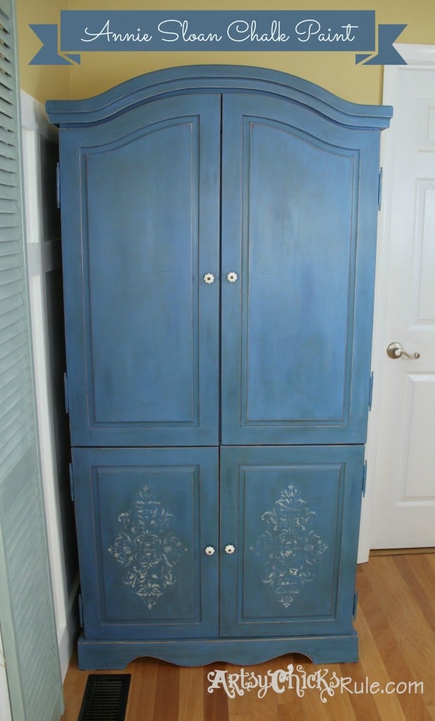EASY Aged Look with 3 Paints & 2 Waxes! Armoire transformed! artsychicksrule.com #agedfinish #chalkpaintfurniture #bluefurniture 