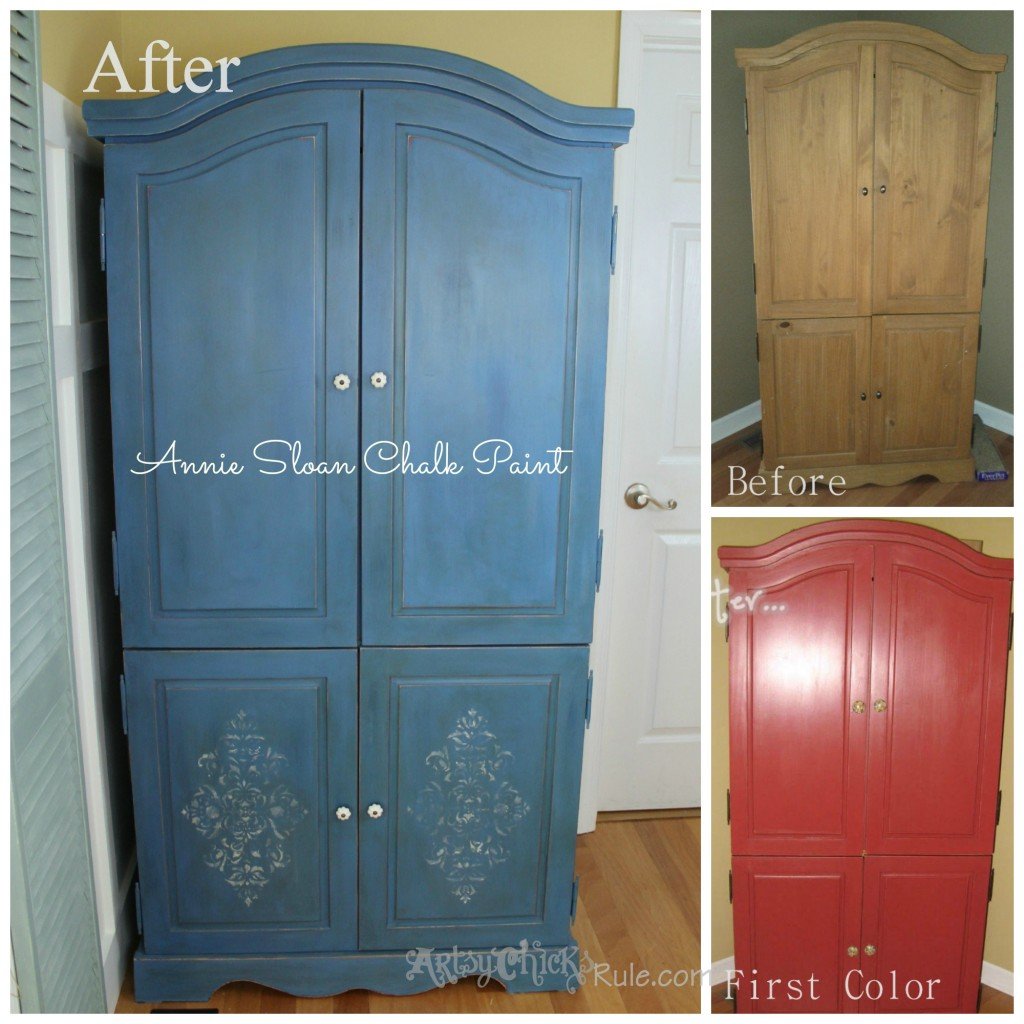 EASY Aged Look with 3 Paints & 2 Waxes! Armoire transformed! artsychicksrule.com #agedfinish #chalkpaintfurniture #bluefurniture 