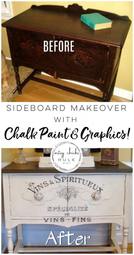 Estate sale sideboard with chalk paint was a definite win for $20! It went through 2 makeovers but 3rd times the charm! #chalkpaintgraphics #chalkpaint #graphics #furnituremakeover #chalkpaintedfurniture #anniesloan