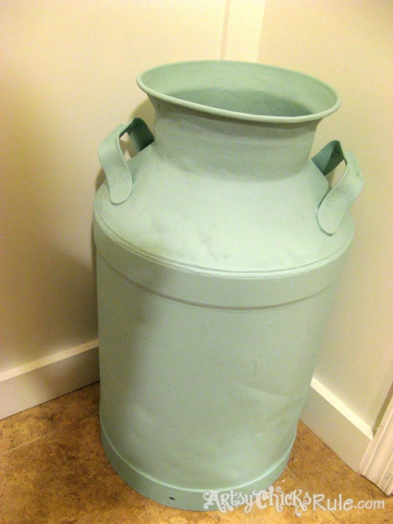 Milk Can Redo with Graphics-First Coat Teal-Latex - artsychicksrule.com #milkcan #paintedmilkcan 