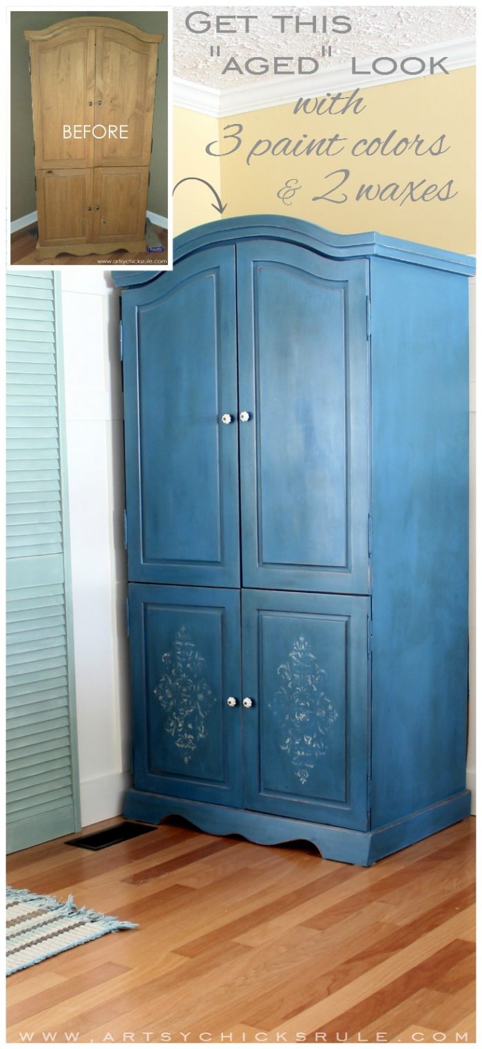 EASY Aged Look with 3 Paints & 2 Waxes! Armoire transformed! artsychicksrule.com #agedfinish #chalkpaintfurniture #bluefurniture 