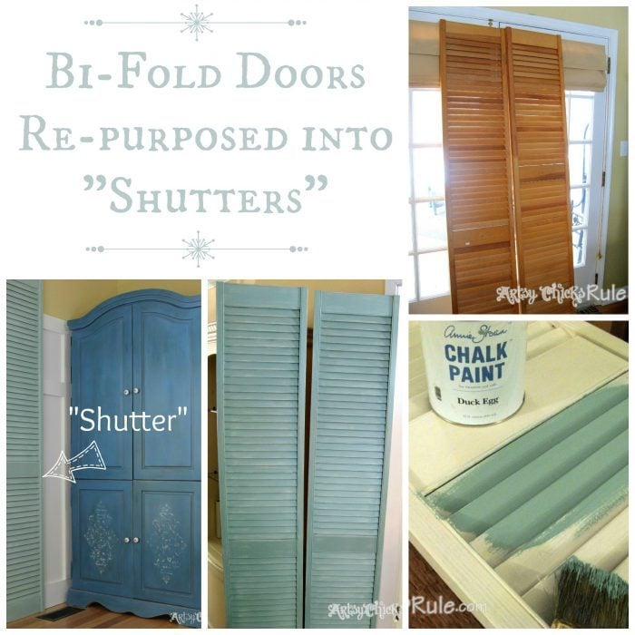 Repurposed Bi-fold Doors into Shutters-Duck Egg Blue Chalk Paint - artsychicksrule.com #cottagedecor #bifolddoors #bifolddoorsrepurposed #diyshutters #repurposedprojects #duckeggblue