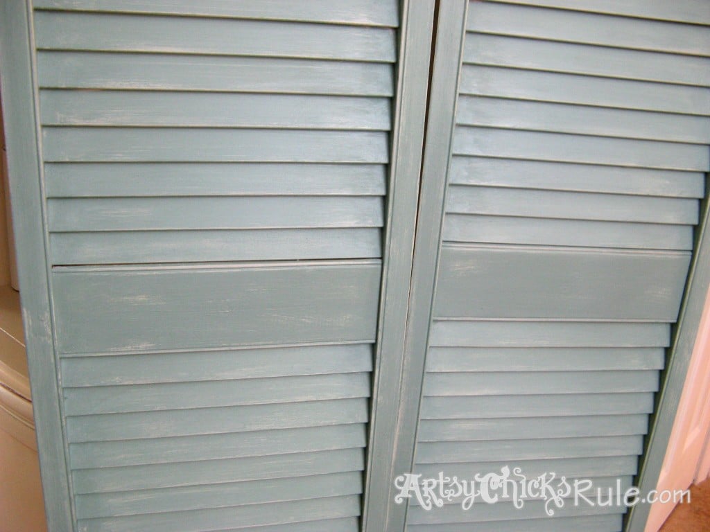 Repurposed Bi-fold Doors into Shutters-Duck Egg Blue Chalk Paint - artsychicksrule.com #cottagedecor #bifolddoors #bifolddoorsrepurposed #diyshutters #repurposedprojects #duckeggblue