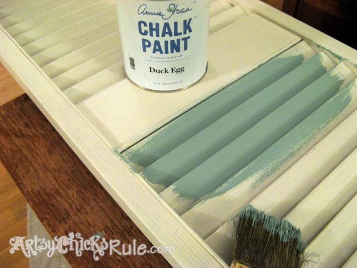 Repurposed Bi-fold Doors into Shutters-Duck Egg Blue Chalk Paint - artsychicksrule.com #cottagedecor #bifolddoors #bifolddoorsrepurposed #diyshutters #repurposedprojects #duckeggblue
