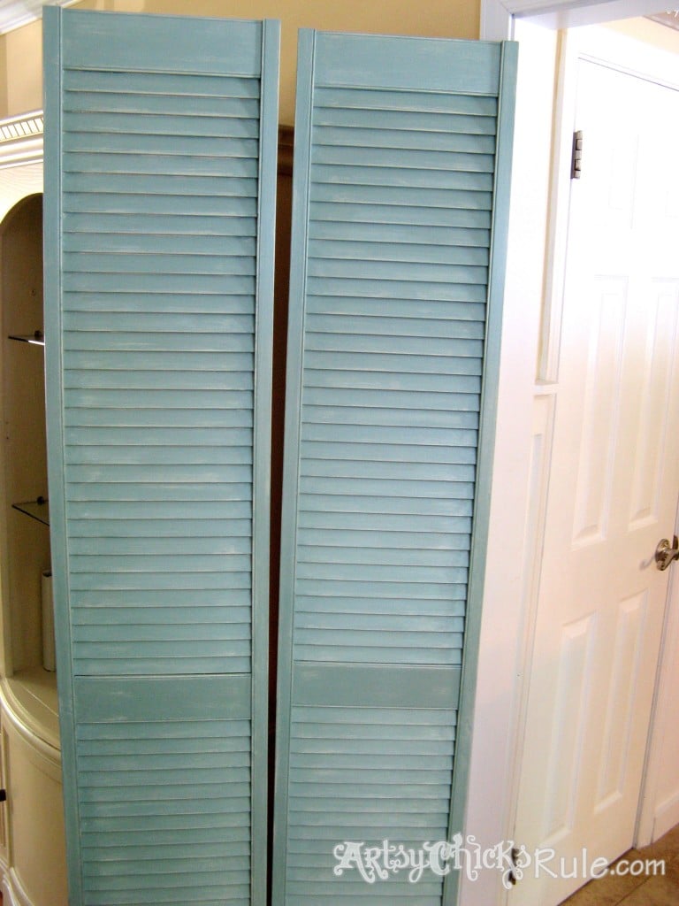 Repurposed Bi-fold Doors into Shutters-Duck Egg Blue Chalk Paint - artsychicksrule.com #cottagedecor #bifolddoors #bifolddoorsrepurposed #diyshutters #repurposedprojects #duckeggblue