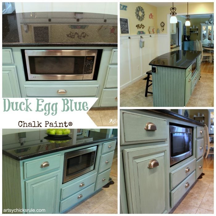 Kitchen Island Makeover - The EASY Way!! - artsychicksrule.com #chalkpaint #duckeggblue #kitchenmakeover #kitchenisland #islandideas #paintedislands #paintedfurniture