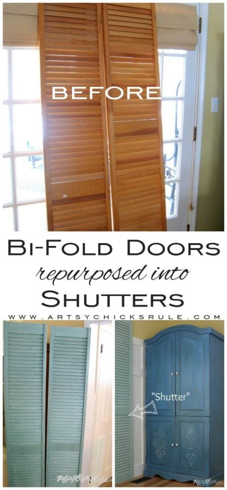 Repurposed Bi-fold Doors into Shutters-Duck Egg Blue Chalk Paint - artsychicksrule.com #cottagedecor #bifolddoors #bifolddoorsrepurposed #diyshutters #repurposedprojects #duckeggblue