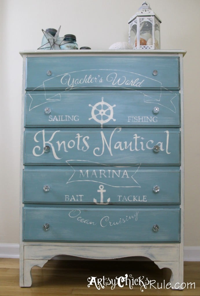 Coastal Themed Chest With Custom Graphics & Chalk Paint!! artsychicksrule.com #provencechalkpaint #chalkpaintedfurniture #paintedfurniture #nauticaldecor #bluefurniture #coastaldecor