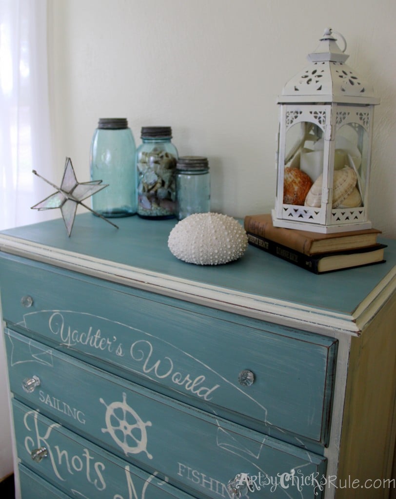 Coastal Themed Chest With Custom Graphics & Chalk Paint!! artsychicksrule.com #provencechalkpaint #chalkpaintedfurniture #paintedfurniture #nauticaldecor #bluefurniture #coastaldecor