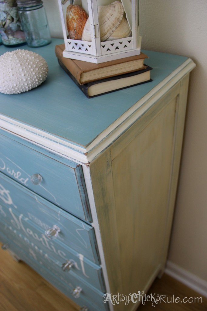 Coastal Themed Chest With Custom Graphics & Chalk Paint!! artsychicksrule.com #provencechalkpaint #chalkpaintedfurniture #paintedfurniture #nauticaldecor #bluefurniture #coastaldecor