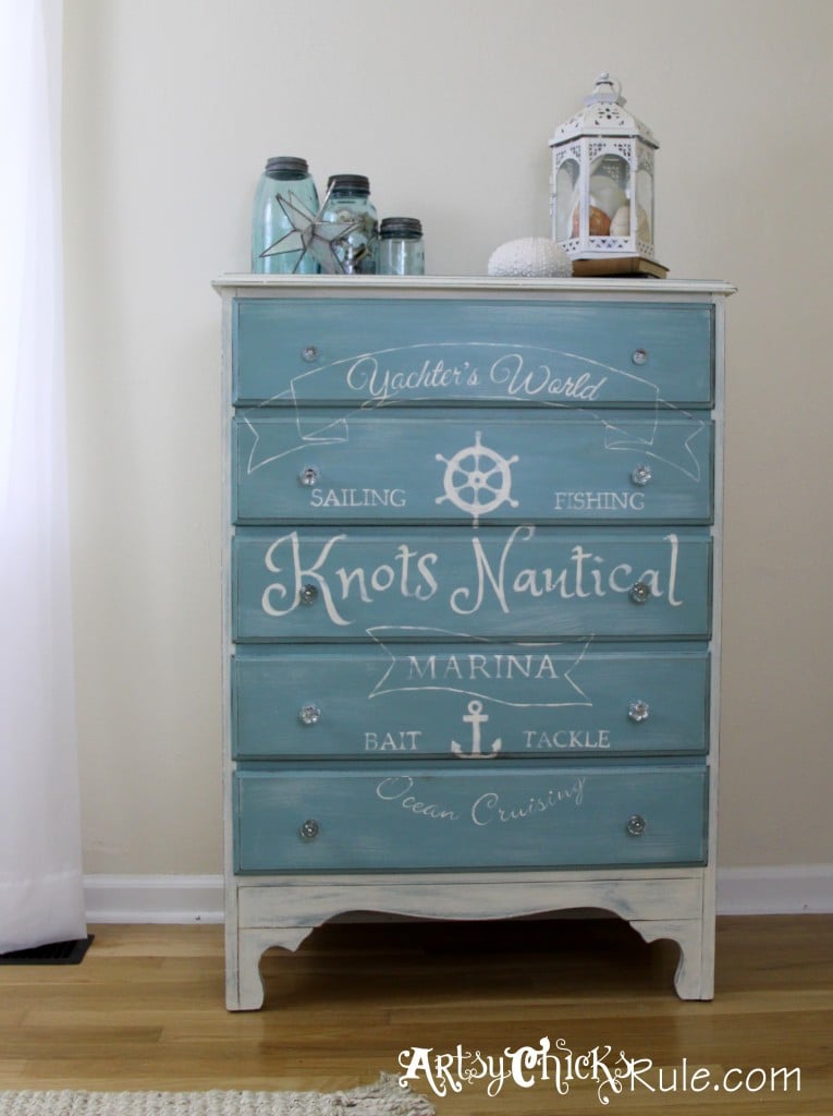 Coastal Themed Chest With Custom Graphics & Chalk Paint!! artsychicksrule.com #provencechalkpaint #chalkpaintedfurniture #paintedfurniture #nauticaldecor #bluefurniture #coastaldecor