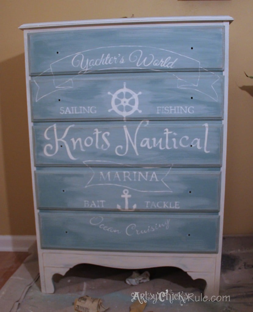 Coastal Themed Chest With Custom Graphics & Chalk Paint!! artsychicksrule.com Old White Pure White Chalk Paint Blend with Provence - Sanded and Distressed