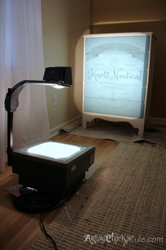 projector projecting image onto dresser