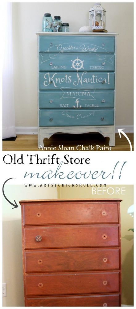 Coastal Themed Chest With Custom Graphics & Chalk Paint!! artsychicksrule.com #provencechalkpaint #chalkpaintedfurniture #paintedfurniture #nauticaldecor #bluefurniture #coastaldecor