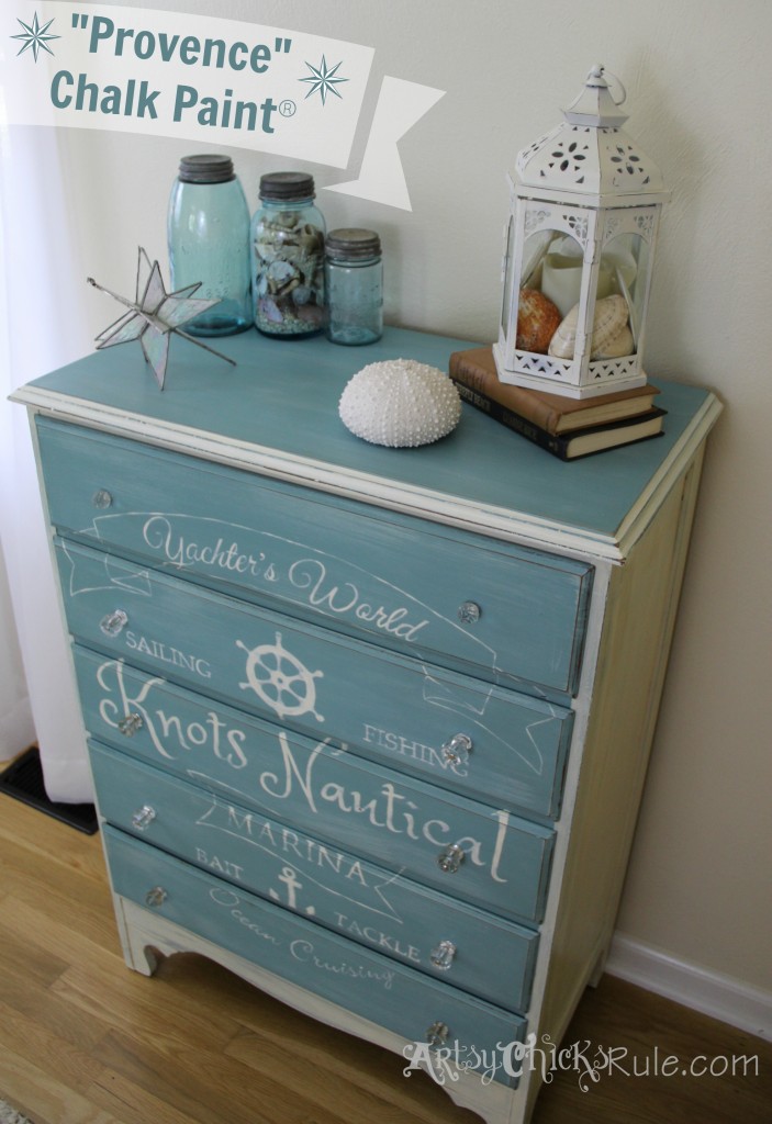 Coastal Themed Chest With Custom Graphics & Chalk Paint!! artsychicksrule.com #provencechalkpaint #chalkpaintedfurniture #paintedfurniture #nauticaldecor #bluefurniture #coastaldecor