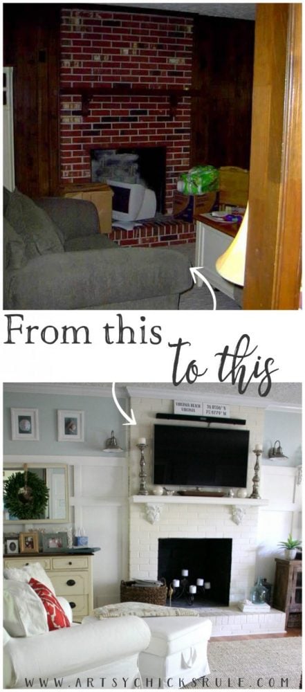 Save Space! Put the TV over fireplace! Family Room Makeover! artsychicksrule.com