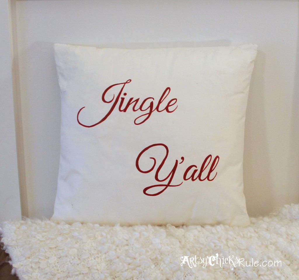 Jingle Y'all Thrift Store Pillow - Painted w Chalk Paint - Hand Painted Graphics - #chalkpaint #diy #holidaydecor #Christmasdecor artsychicksrule.com