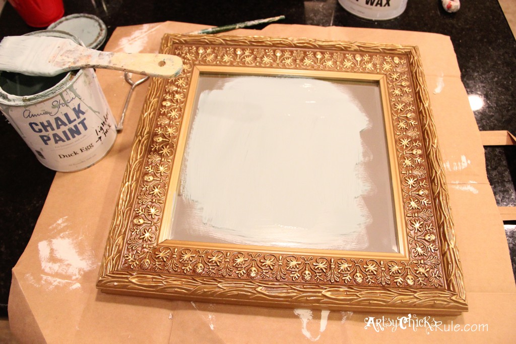 baby it's cold outside- thrift store mirror- painting with Duck Egg Blue Chalk Paint artsychicksrule.com