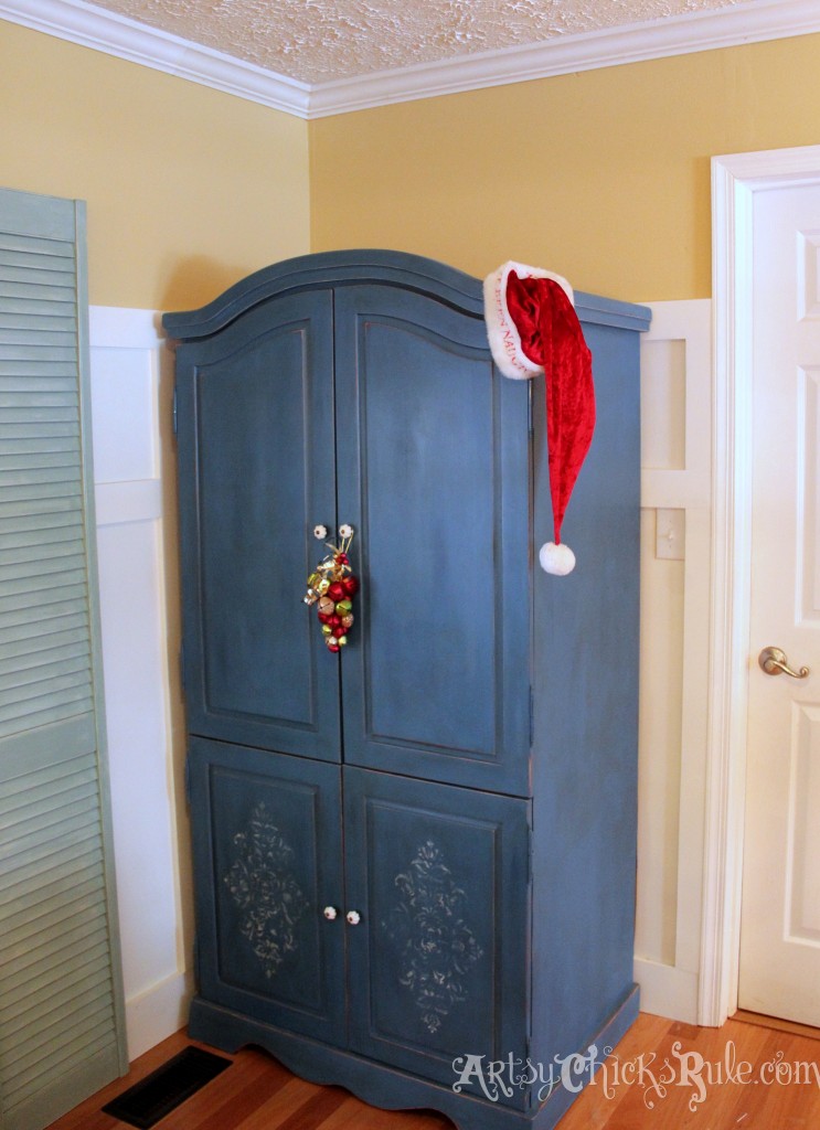 Chalk Painted Blue Armoire decorated for the holidays - Holiday Home Tour