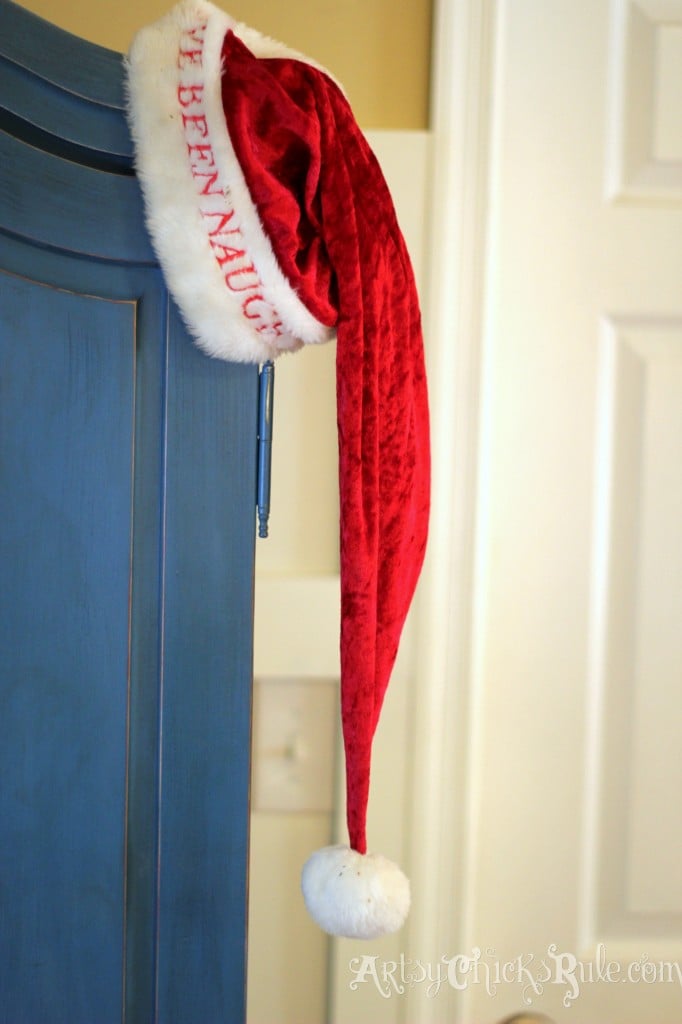 Chalk Painted Blue Armoire with Naughty and Nice Santa Hat - Holiday Home Tour