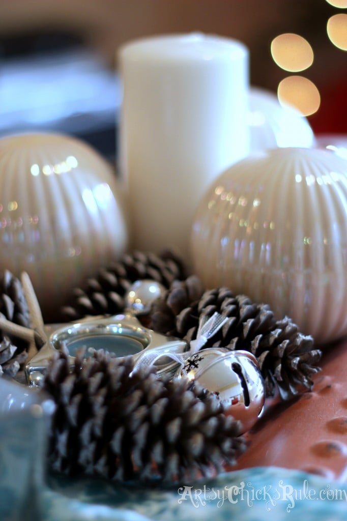 Close up of DIY pine cones holiday tray - Holiday Home Tour