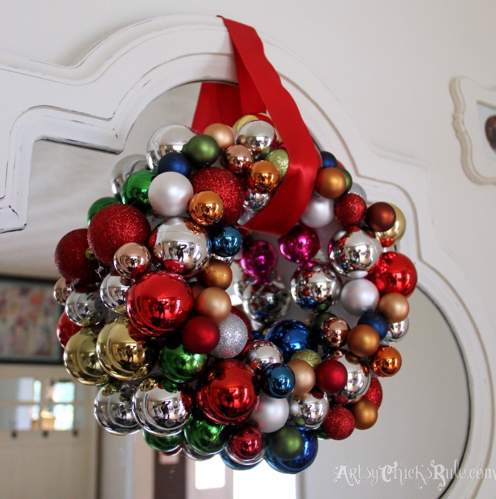 DIY wreath with thrift and dollar store ornaments