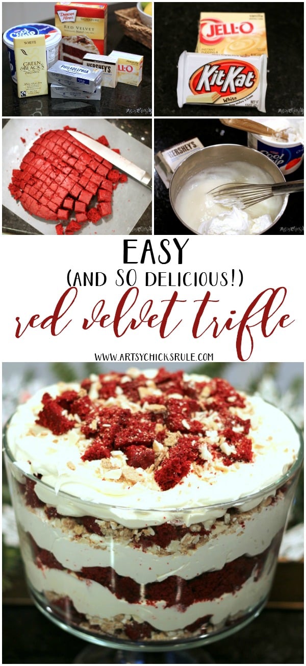 BEST dessert!! So easy, love this Red Velvet Trifle!! artsychicksrule.com #redvelvet #redvelvetcake #redvelvettrifle 