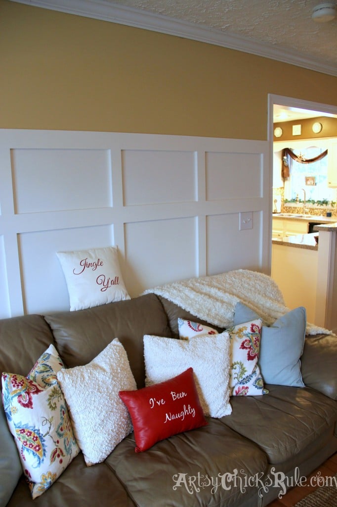 Family Room Holiday Decor - Thrift Store Pillow Makeover with Chalk Paint - Holiday Home Tour
