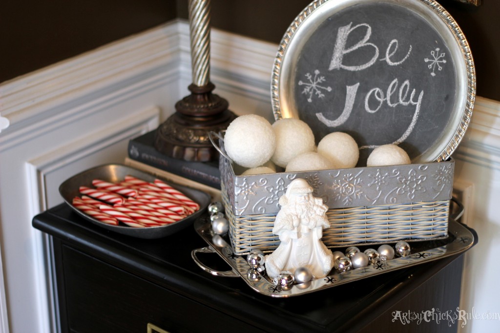 Foyer table up close - decorated with thrifty finds - Holiday Home Tour