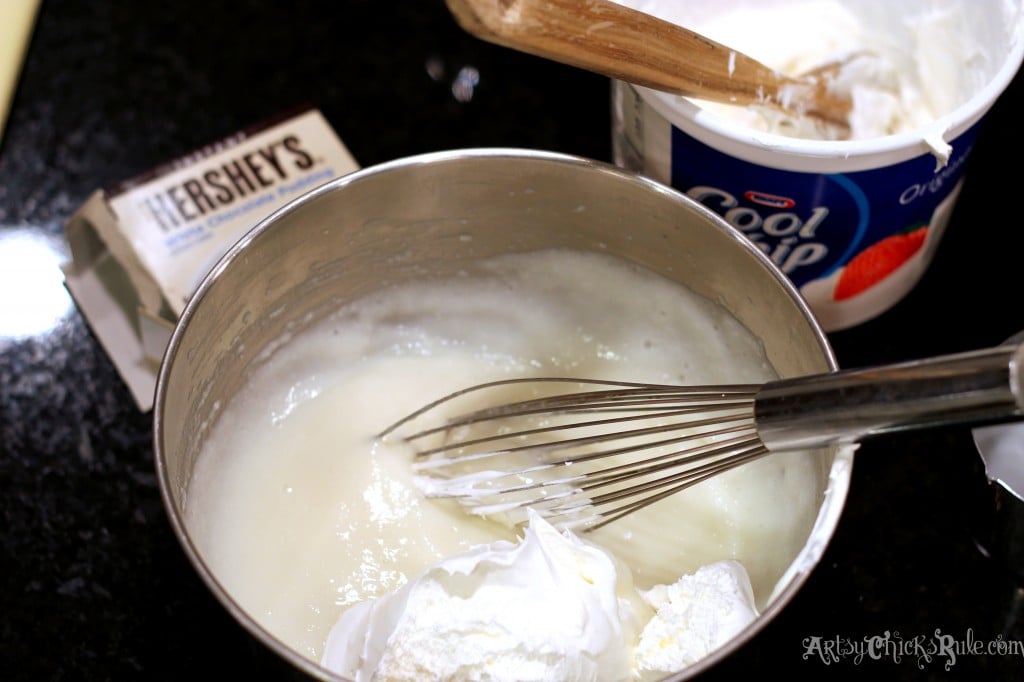 Make White Chocolate Instant Pudding - Mix in Half of the Whipped Topping BEST dessert!! So easy, love this Red Velvet Trifle!! artsychicksrule.com #redvelvet #redvelvetcake #redvelvettrifle 