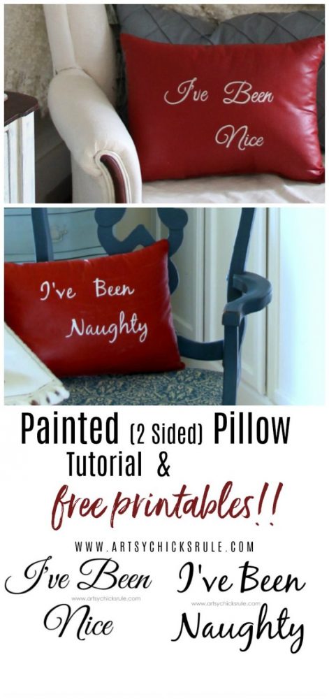 Naughty or Nice Painted Pillow and FREE Printable!! artsychicksrule.com #naughtyornice #paintedpillow #paintedfabric #christmaspillows