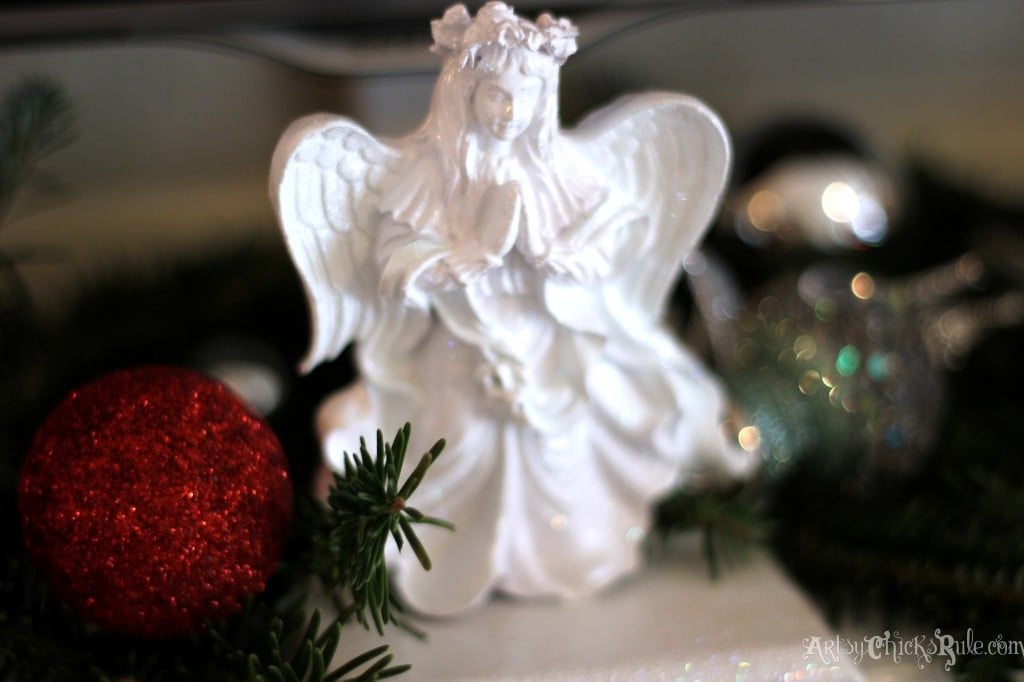 Thrift store Angel stocking holder painted white with sparkles - Holiday Home Tour