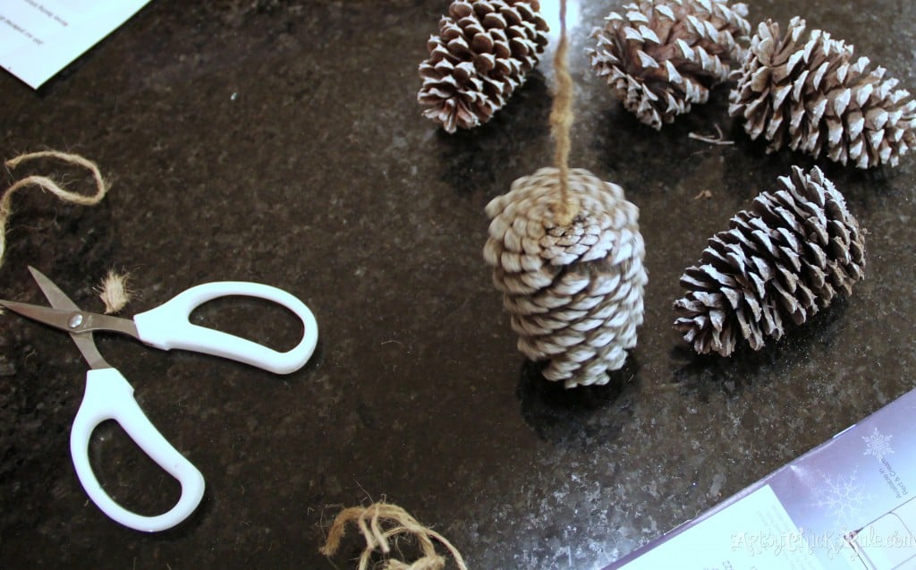 Twine hot glued to the center of the pine cone