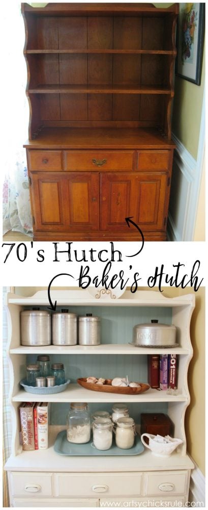 Dated 70's Hutch TURNED Bakers Hutch!! artsychicksrule.com #hutch #bakershutch #paintedfurniture #furnituremakeover #chalkpaint