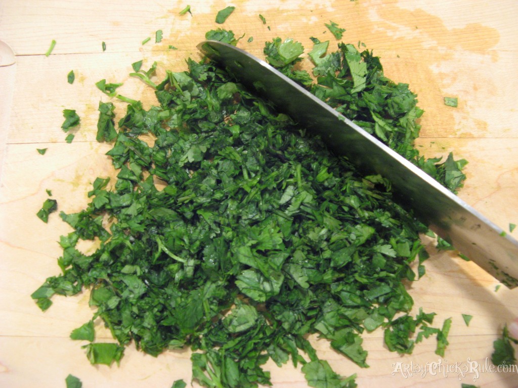 Chopping cilantro for Quinoa Black BeanDip