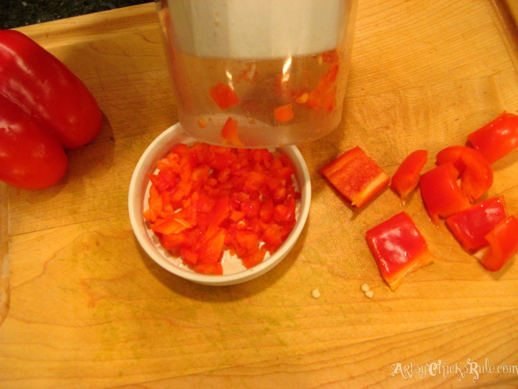 Chopping red peppers for Quinoa Black Bean Dip