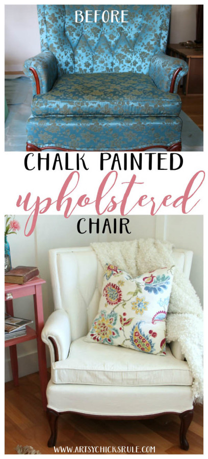 You can paint fabric!! Don't like your chair? PAINT IT!!Thrifty Chair Makeover with Chalk Paint - artsychicksrule.com #paintedupholstery #chalkpaintedchair #chalkpaint